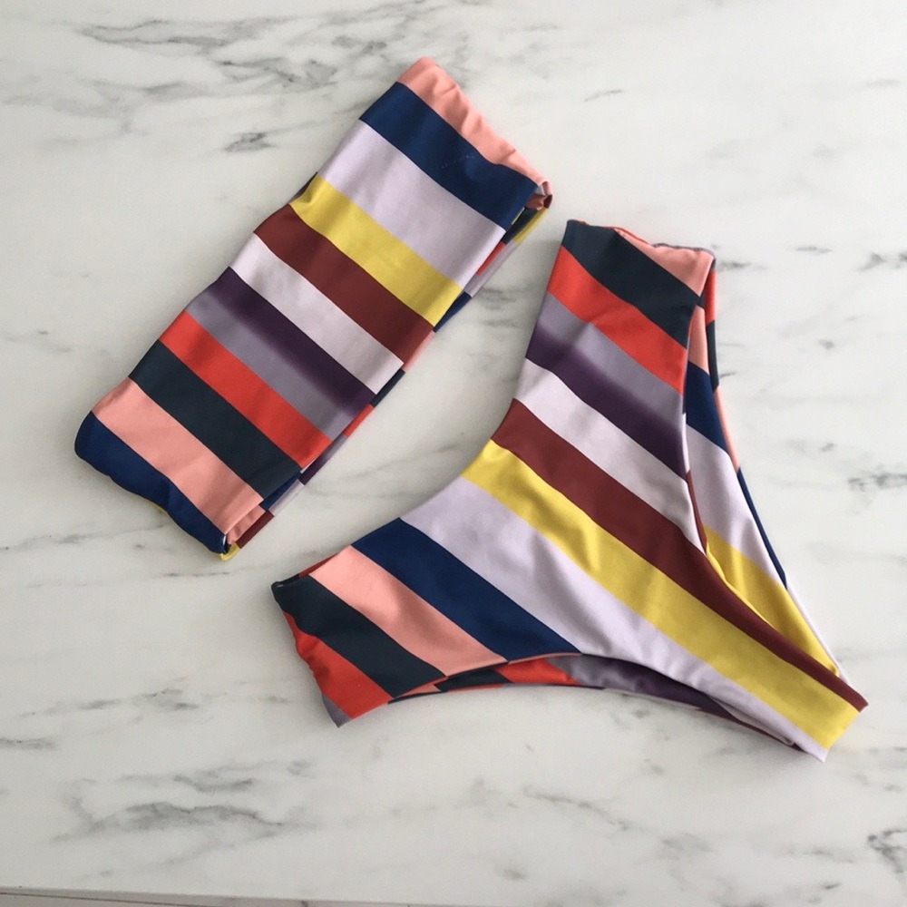 Bandeau two-piece vertical stripe swimsuit